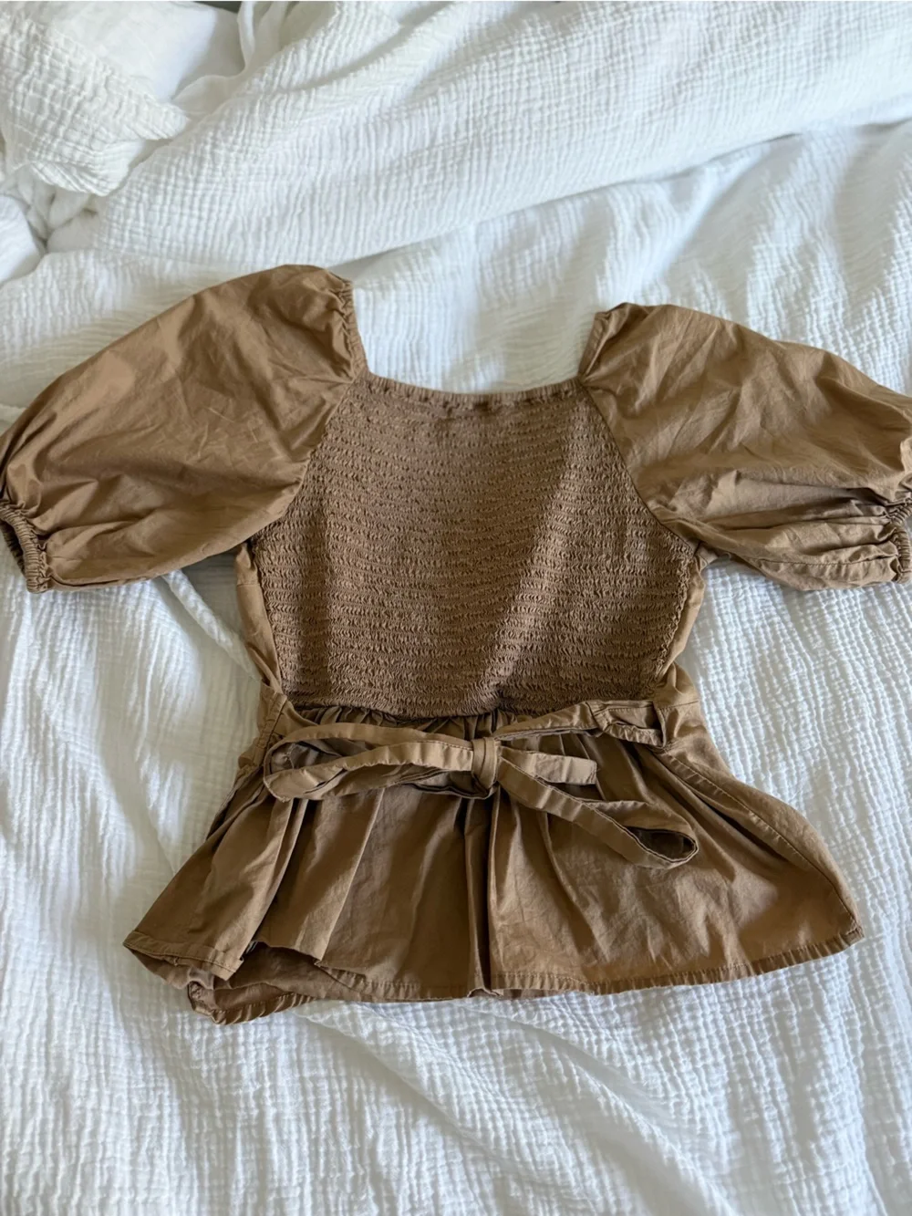 Old Navy Brown Wrap Puff Sleeve Smocked Back Top